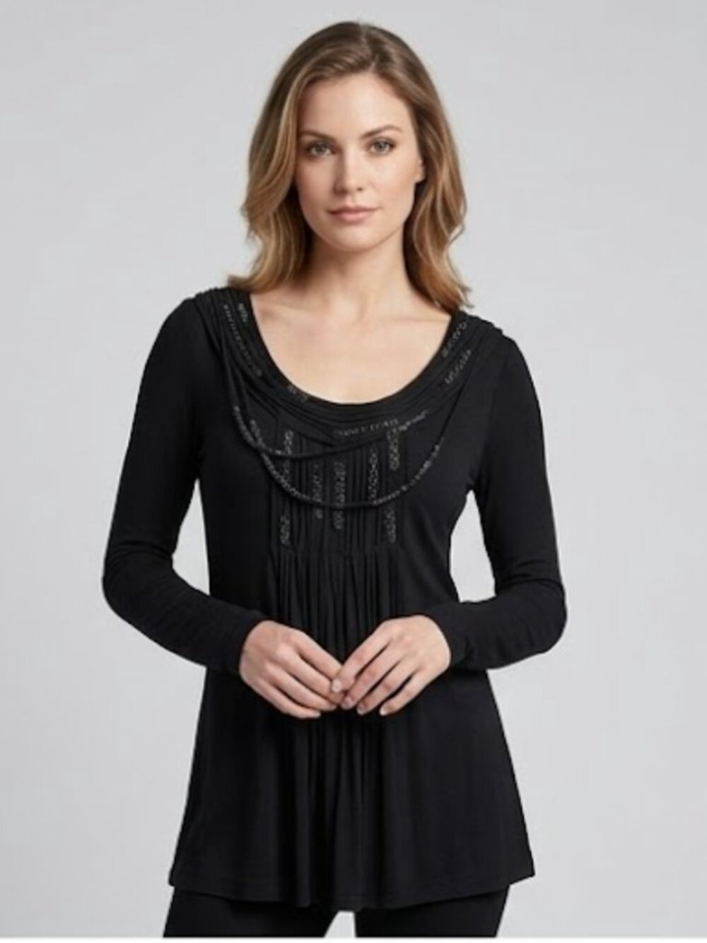Bailey 44 Black Jersey Fringe Beaded Pleated Neckline Shirt